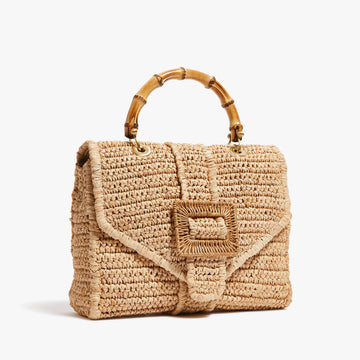 Natural Beige Leather Trim Woven Flap Bag with Bamboo Top Handle & Rattan Buckle Retro Summer Daily Hand Bag