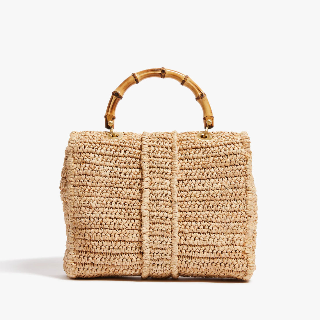 Natural Beige Leather Trim Woven Flap Bag with Bamboo Top Handle & Rattan Buckle Retro Summer Daily Hand Bag