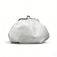 White satin evening bag with floral and rhinestone embellishments.