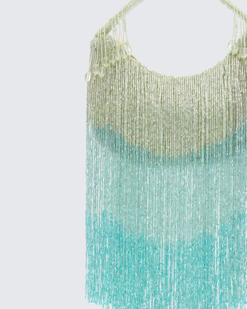 Ocean-hued gradient beaded tassel bag