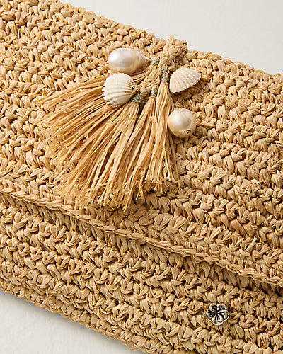 Khaki Beige Leather-Wrapped Woven Flap Bag with Tassel Seashell & Pearl Ornaments Coastal Daily Matching Clutch Hand Bag
