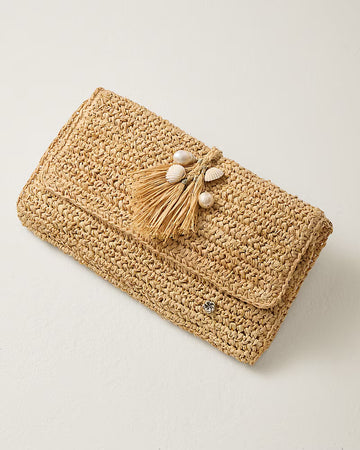 Khaki Beige Leather-Wrapped Woven Flap Bag with Tassel Seashell & Pearl Ornaments Coastal Daily Matching Clutch Hand Bag