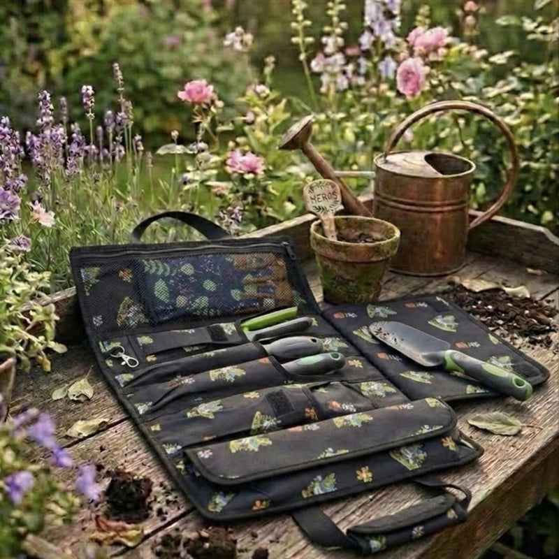 Black Printed Leather-Accented Roll-Up Gardening Tool Bag with Buckle Straps Portable Daily Outdoor Storage Bag