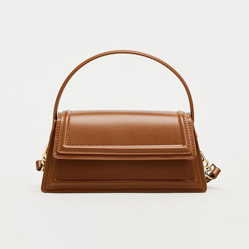 Solid Leather Flap Bag with Curved Top Handle & Detachable Crossbody Strap Minimalist Daily Match Hand Bag