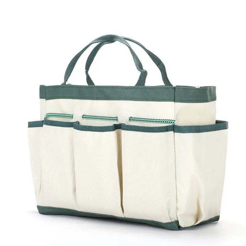 Off-white Dark Green Leather-Trimmed Gardening Tool Bag with Zipper Pockets Daily Multipurpose Storage Tote Bag
