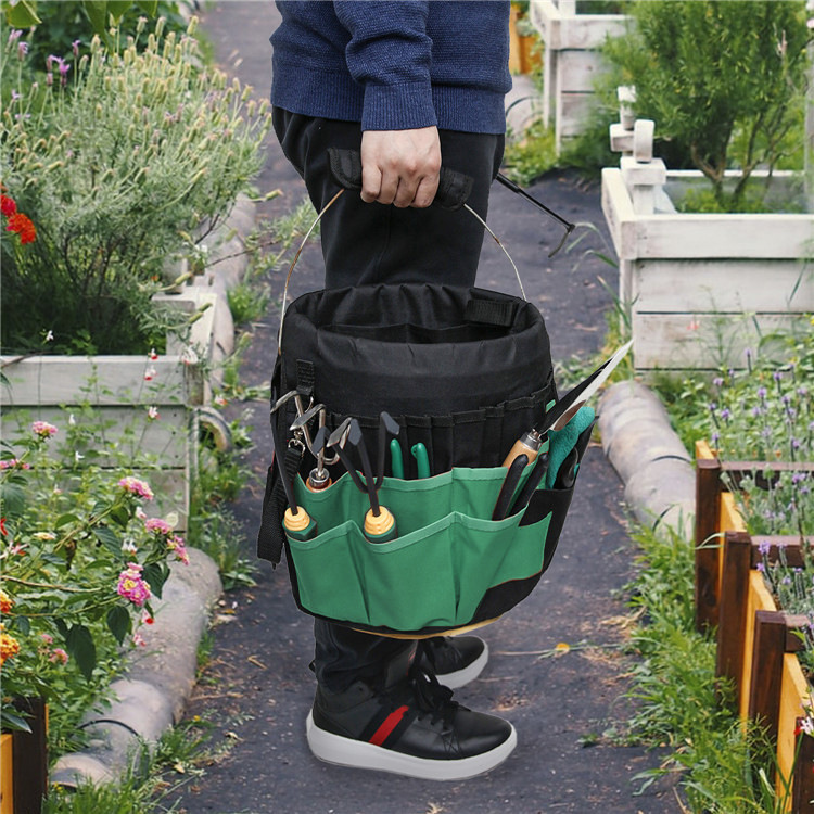 Handled Bucket Tool Bag with Multi-Pockets Round Garden Organizer for Daily Use