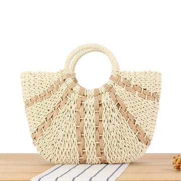 Woven Tote Bag with Leather Stripes for Summer Casual Outings