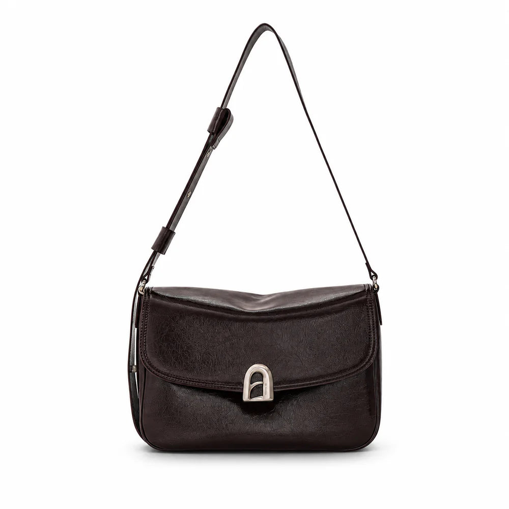 Wine Red & Coffee Brown Leather Flap Bag with Adjustable Strap & Metal Buckle Retro Daily Versatile Crossbody Bag