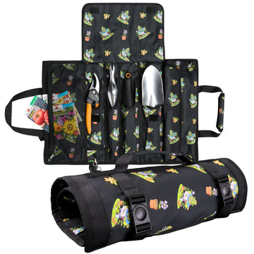 Black Printed Leather-Accented Roll-Up Gardening Tool Bag with Buckle Straps Portable Daily Outdoor Storage Bag