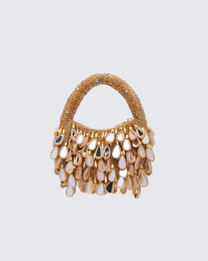 Gold teardrop-shaped mirror-finish bag