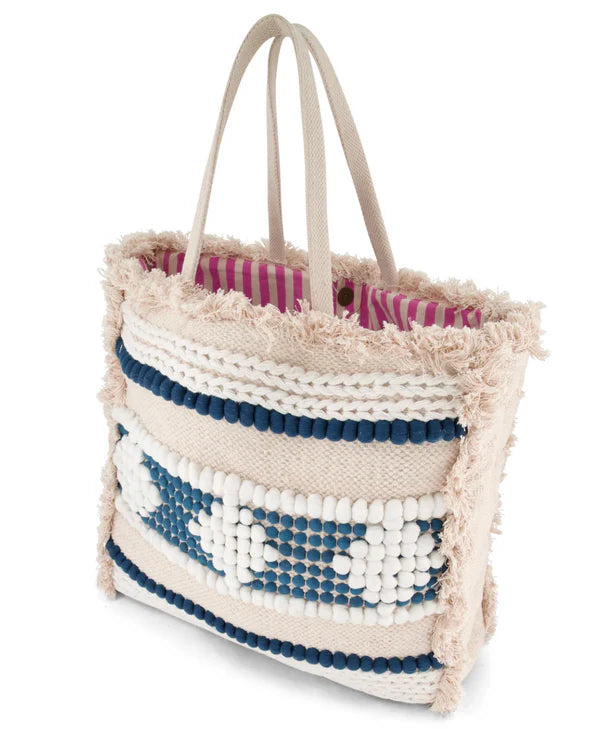 Cream Base Color Block Tassel Fringe Beach Bag with Contrast Pom Pom Embellishments for Boho Daily Matching