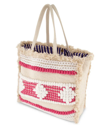 Cream Base Color Block Tassel Fringe Beach Bag with Contrast Pom Pom Embellishments for Boho Daily Matching