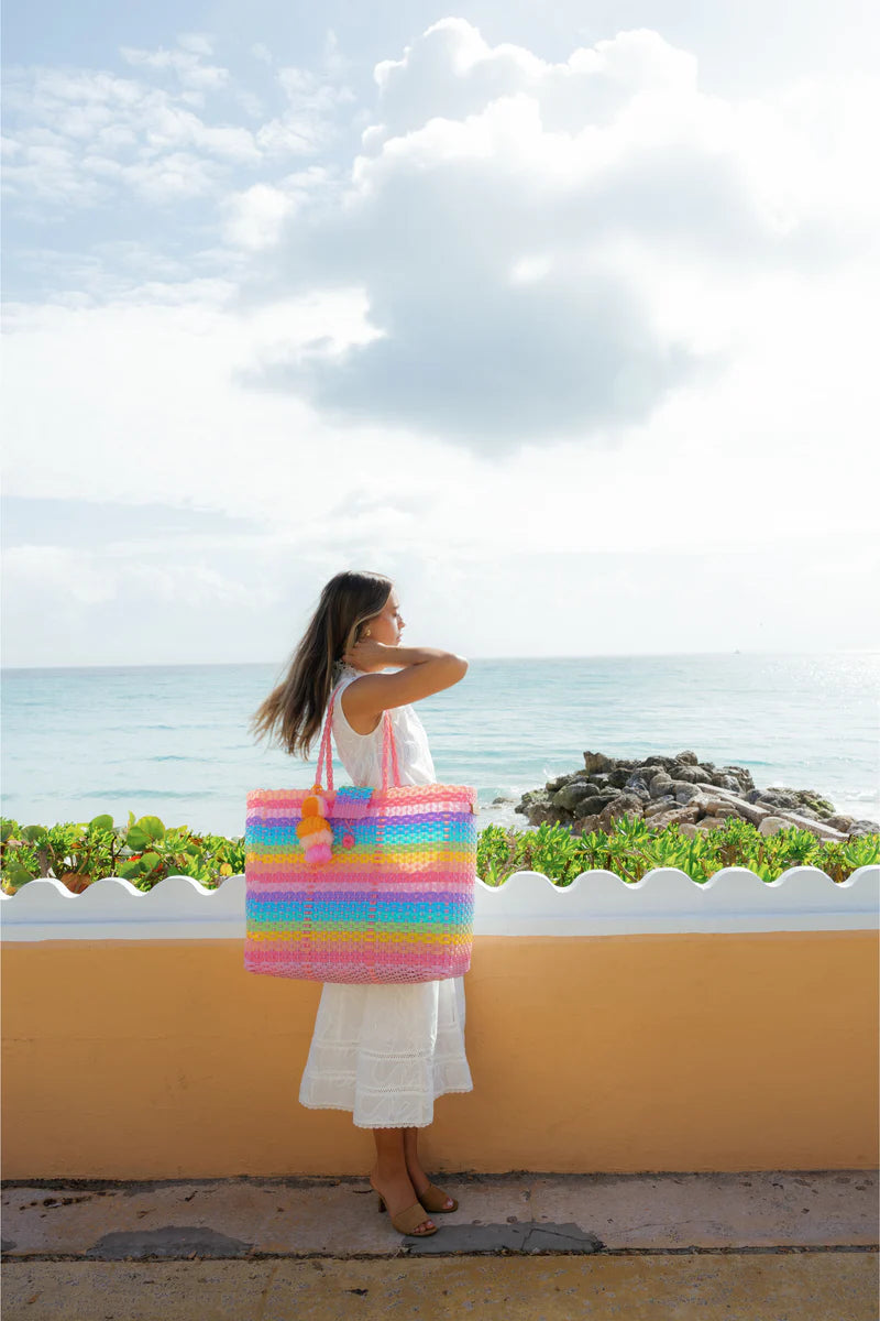 Rainbow Striped Woven Tote Bag with Pom Pom Charm for Summer Vacation