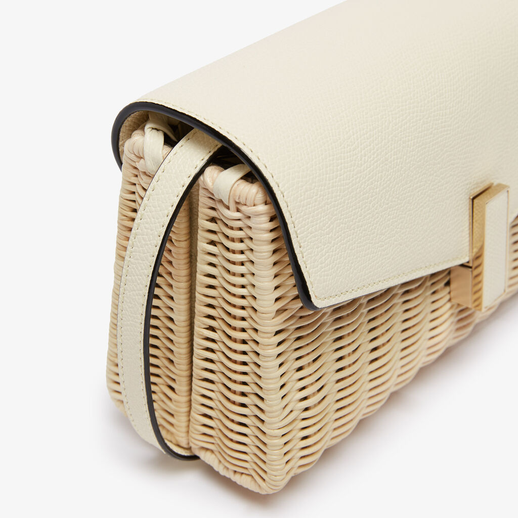Cream White Leather Trim Woven Flap Bag with Slim Crossbody Strap Gold Lock Summer Daily Matching Shoulder Bag