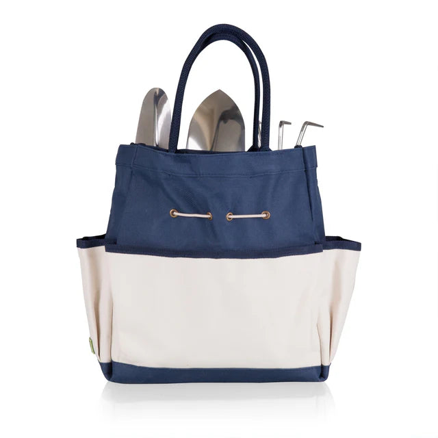 Navy Blue & White Leather-Trimmed Tool Bag with Multi-Pockets Garden Tote for Daily Outdoor Use
