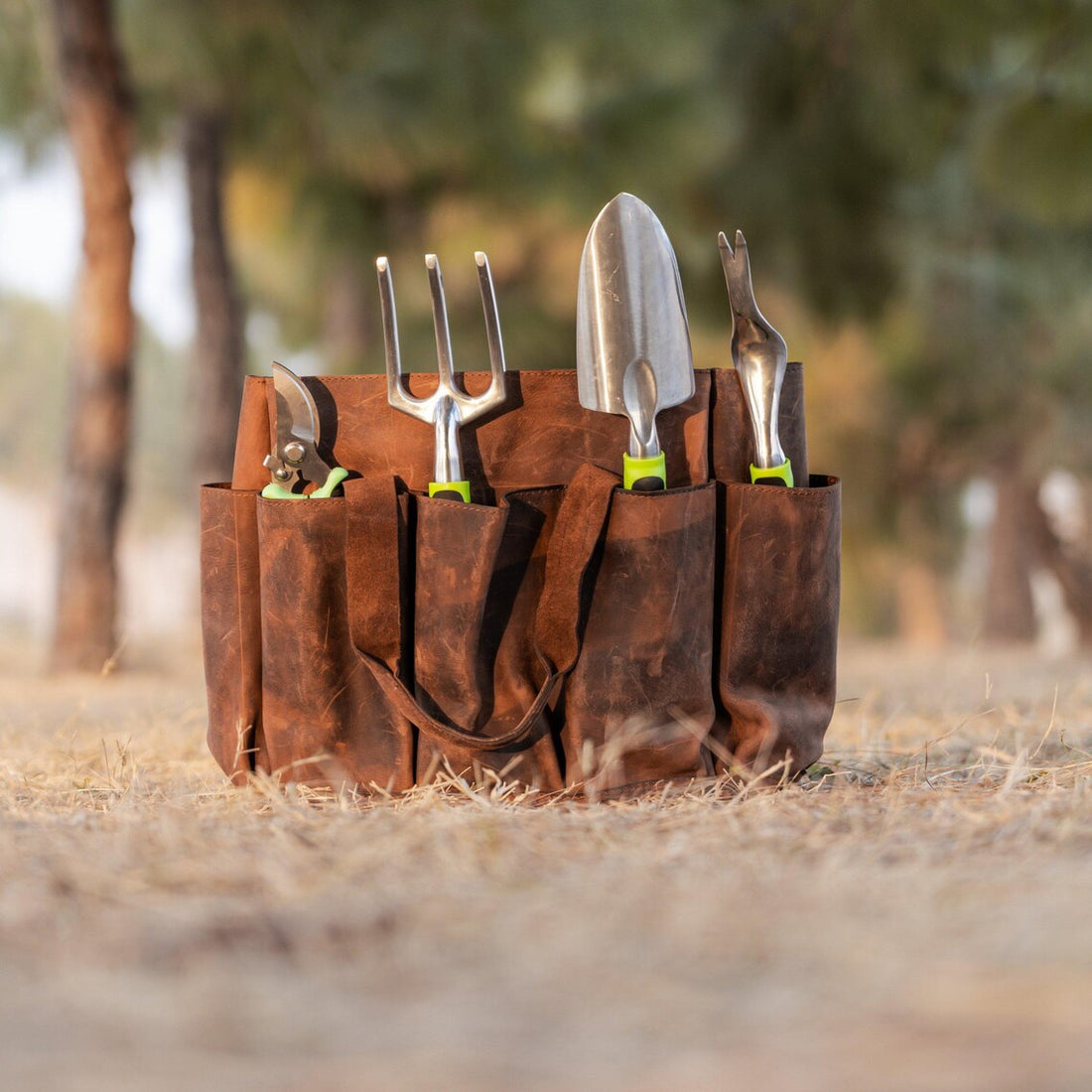 Brown Leather Multi-Pocket Tool Bag with Handles Portable Garden Tote for Daily Storage