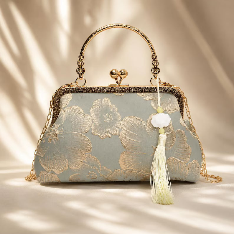 Vintage-style floral embroidered silk wedding clutch—