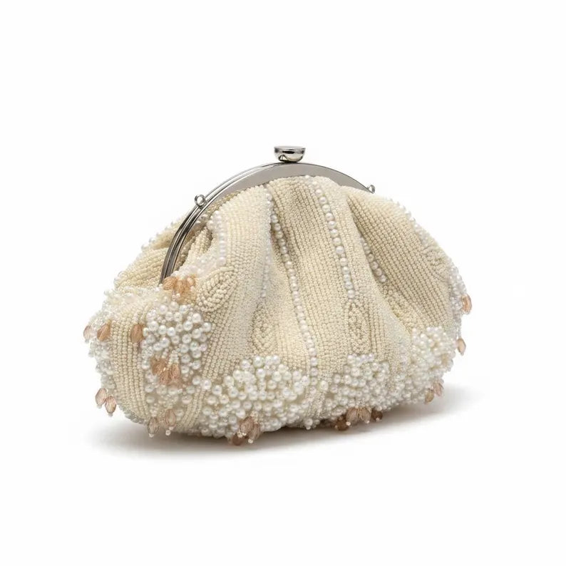 Vintage-Style Handmade Ivory Beaded Bag | Unique Handbag