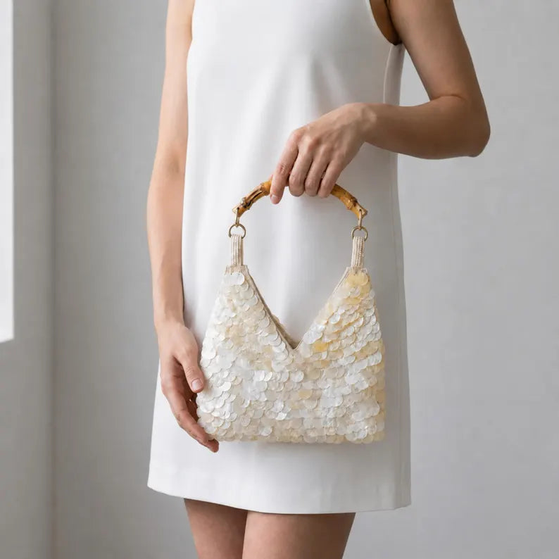 Ivory Sequin Bridal Bag with Bamboo Handle