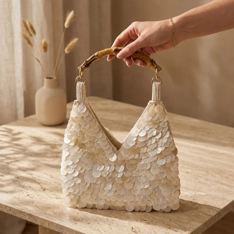 Ivory Sequin Bridal Bag with Bamboo Handle