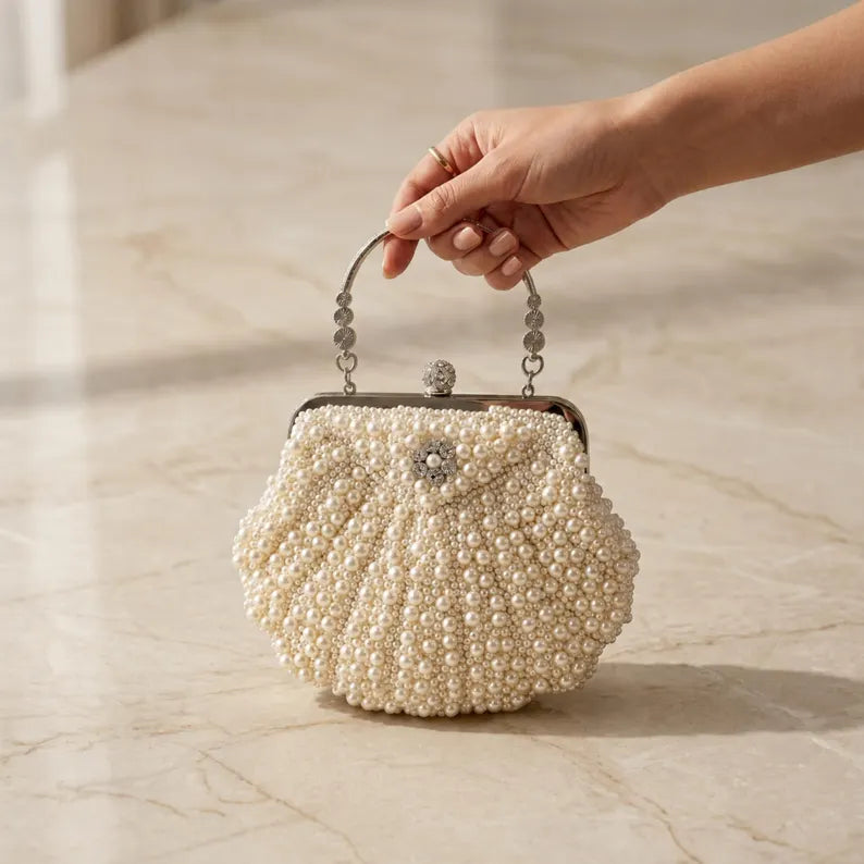 Pearl-beaded shell-shaped bridal evening clutch