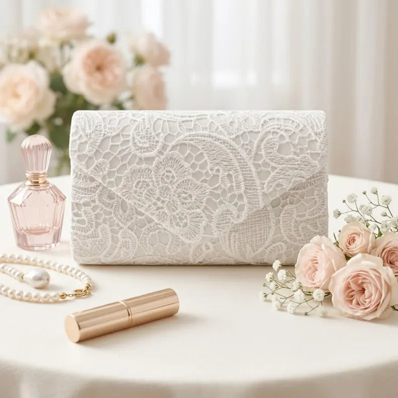White lace bridal clutch