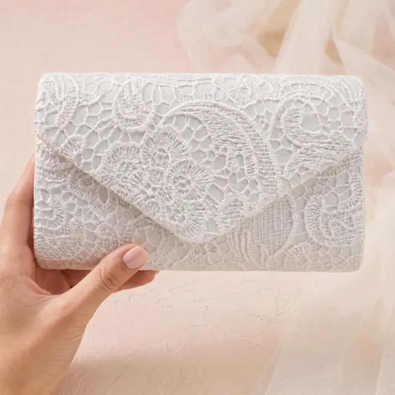 White lace bridal clutch