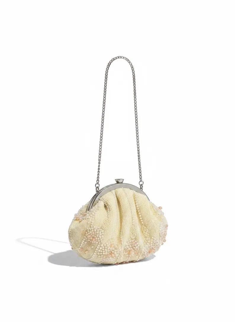 Vintage-Style Handmade Ivory Beaded Bag | Unique Handbag