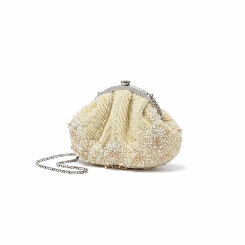 Vintage-Style Handmade Ivory Beaded Bag | Unique Handbag