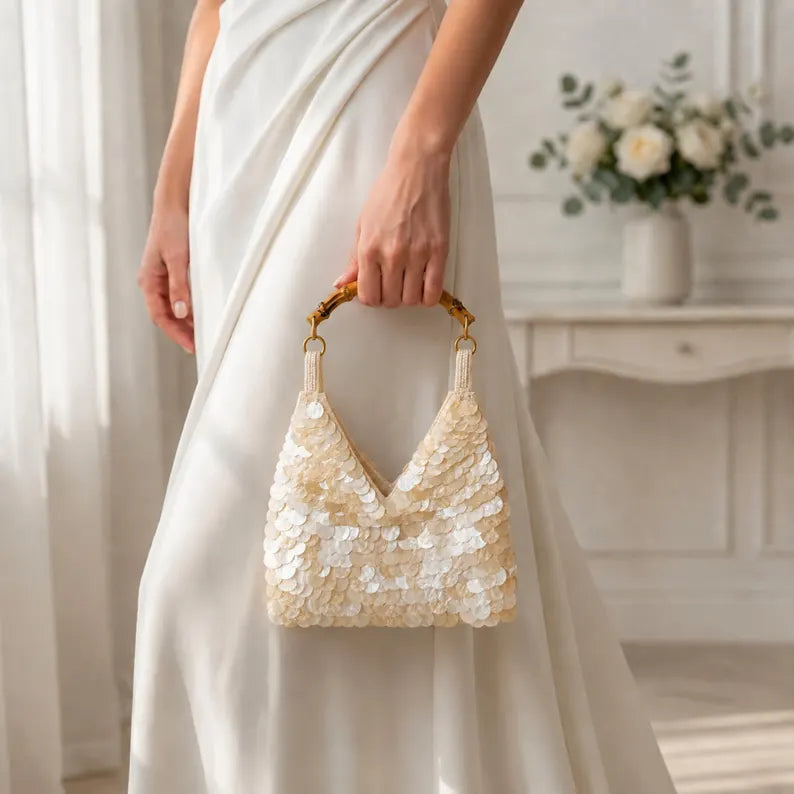 Ivory Sequin Bridal Bag with Bamboo Handle