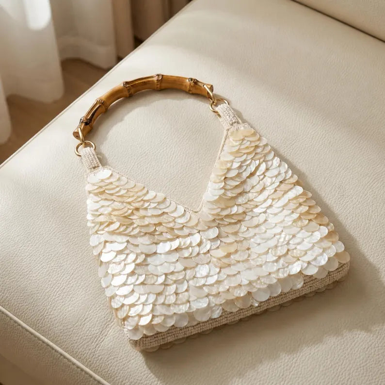 Ivory Sequin Bridal Bag with Bamboo Handle