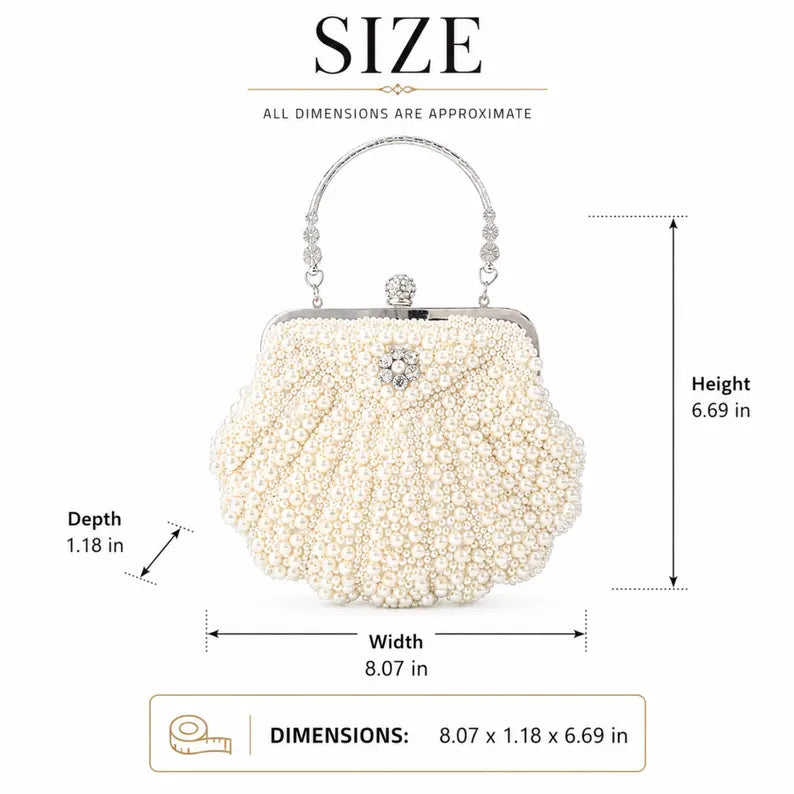 Pearl-beaded shell-shaped bridal evening clutch