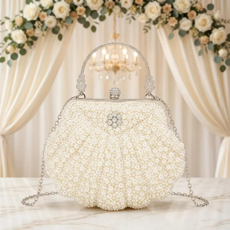 Pearl-beaded shell-shaped bridal evening clutch