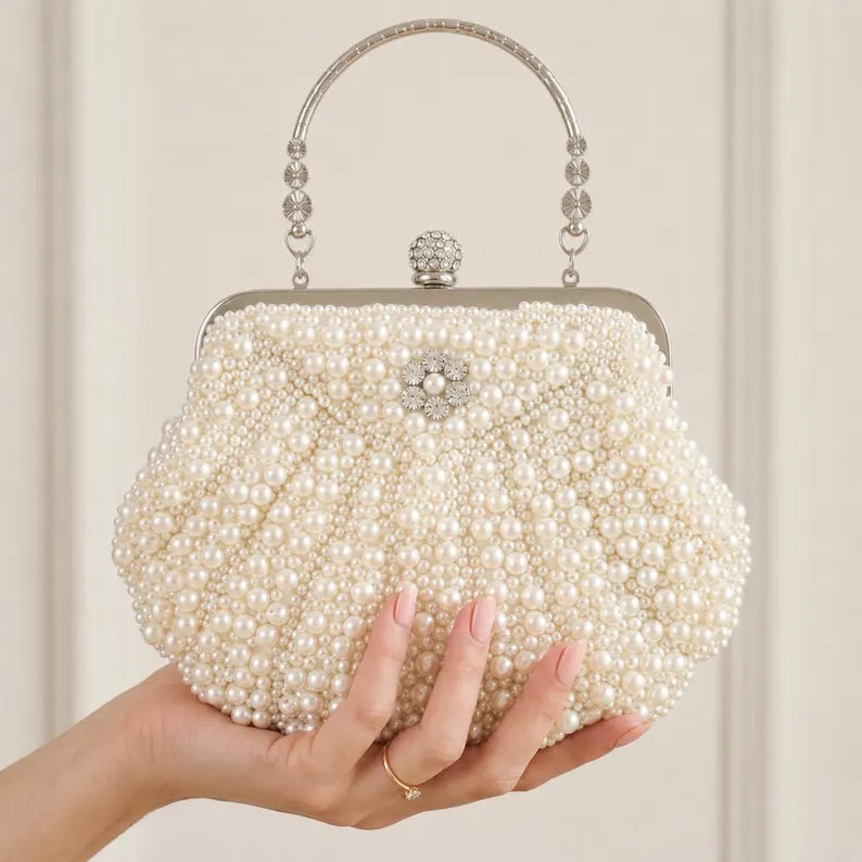 Pearl-beaded shell-shaped bridal evening clutch