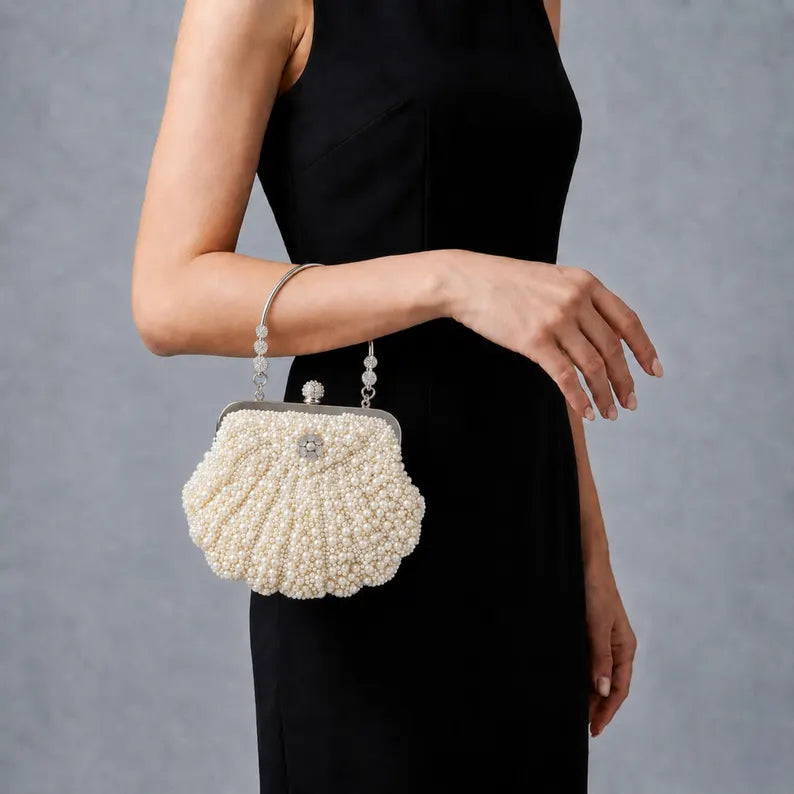 Pearl-beaded shell-shaped bridal evening clutch