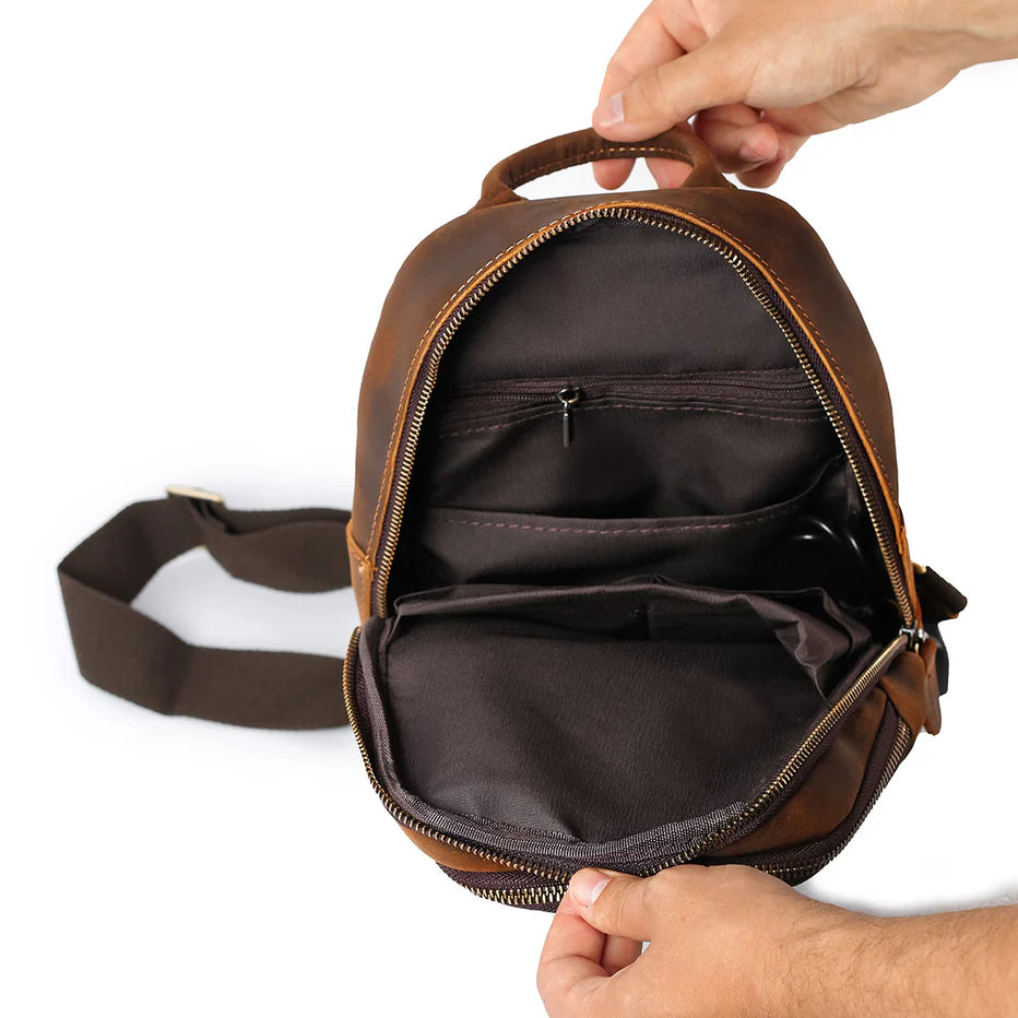 Dark Brown Leather Panel Sling Crossbody Bag with Metal Carabiner Hardware for Retro Urban Daily Matching