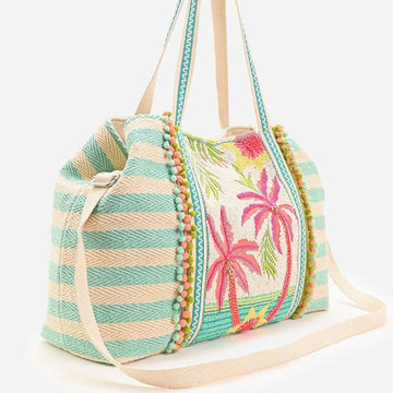 Mint Green Striped Tote Bag with Palm Embroidery & Pom Pom Trim for Beach Getaways