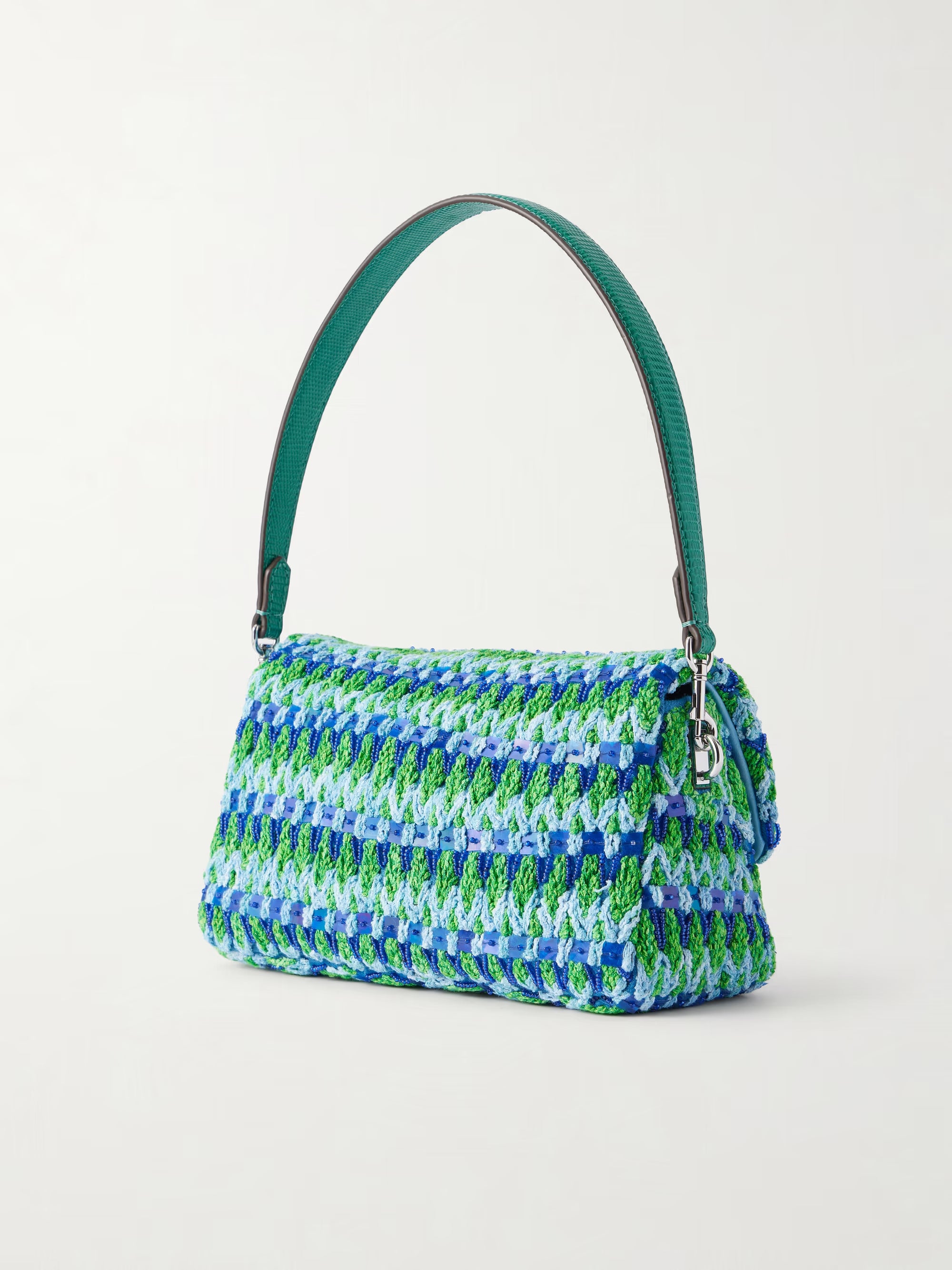 Crochet shoulder bag with snakeskin-embossed leather trim