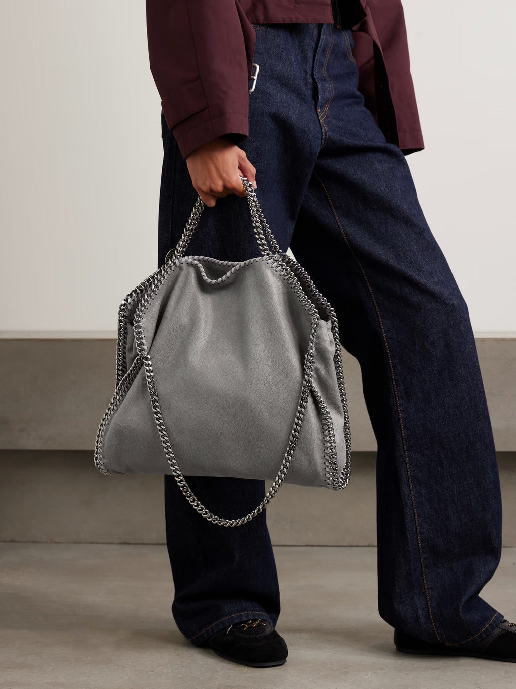Medium Faux Nubuck Chain Shoulder Bag with Stitched Edges
