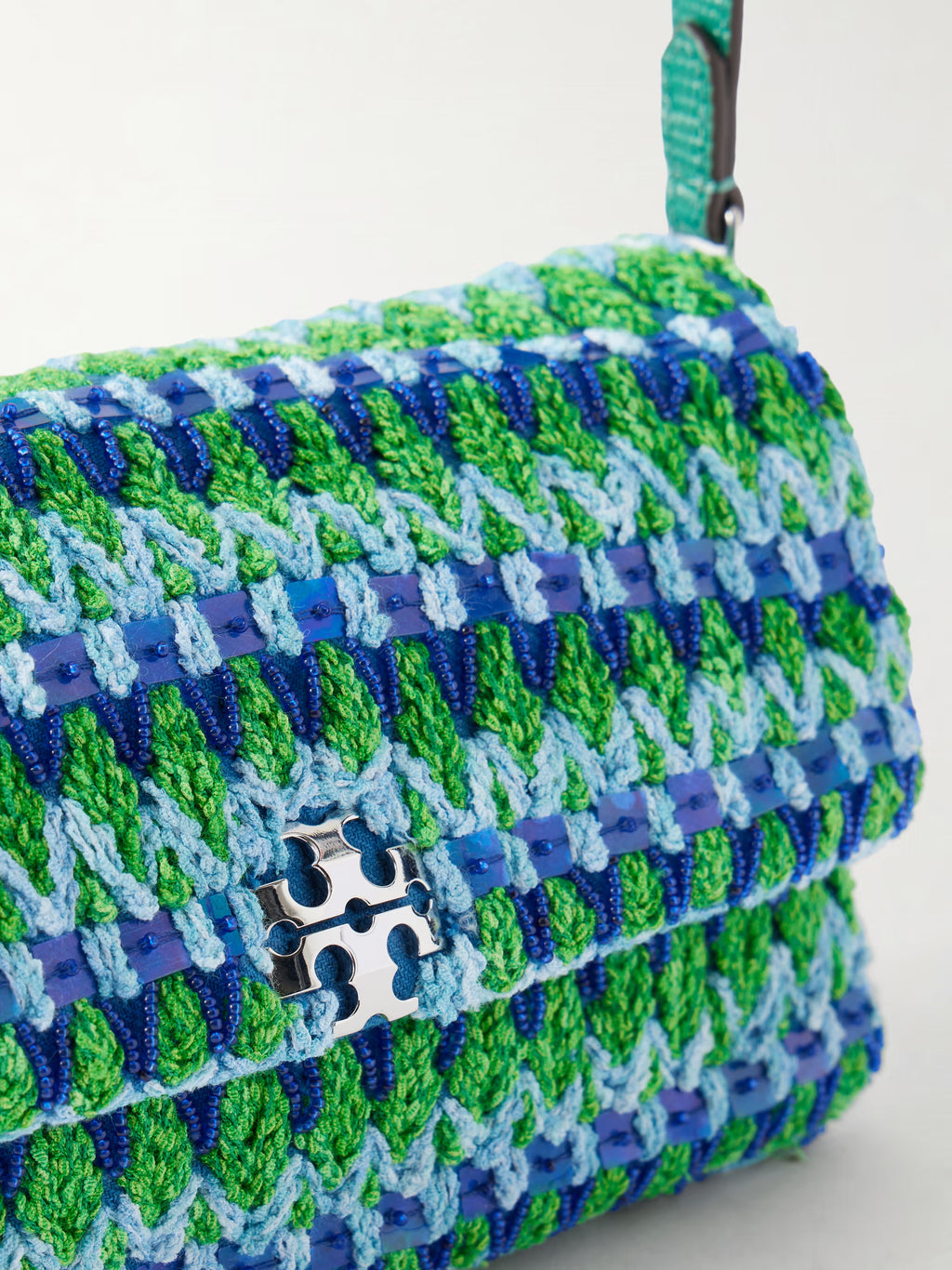 Crochet shoulder bag with snakeskin-embossed leather trim