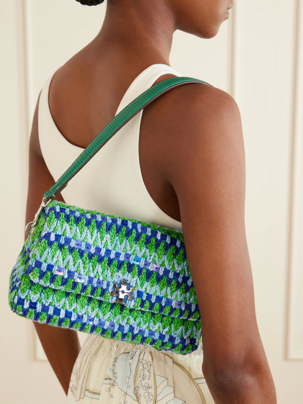 Crochet shoulder bag with snakeskin-embossed leather trim