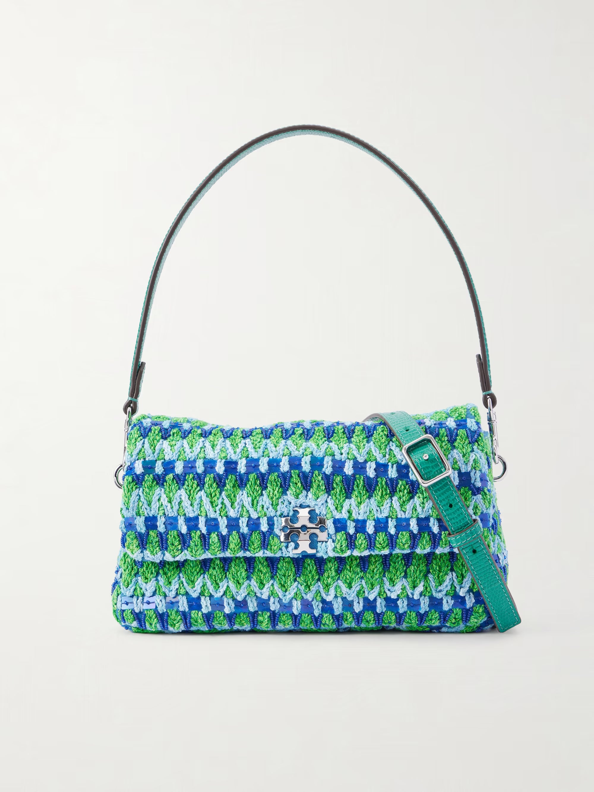 Crochet shoulder bag with snakeskin-embossed leather trim